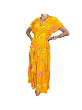 Vintage Jolibel Canada 80s 90s bright orange floral print pleated maxi dress 6